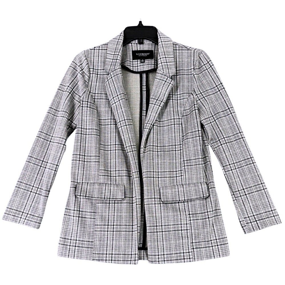 Liverpool Los Angeles Blazer‎ Women XS Plaid Open Front Stretch Knit Career
